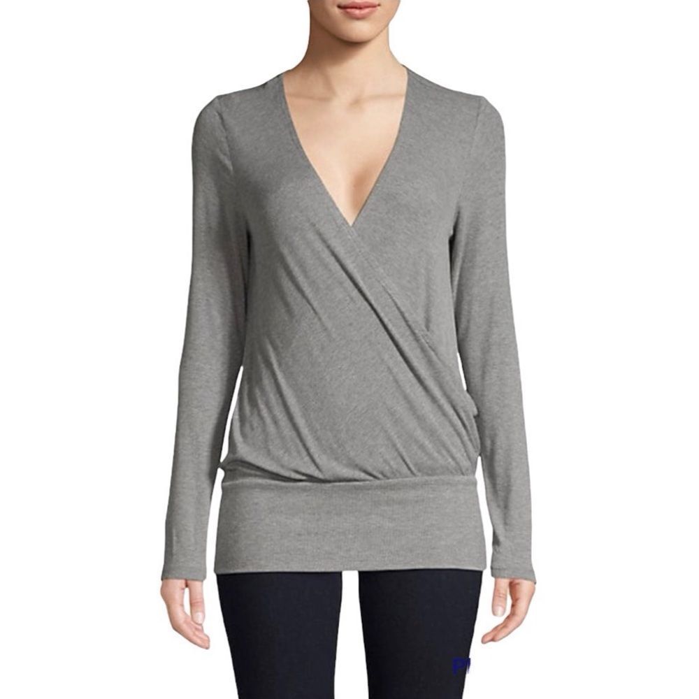 BCBGMaxAzria Crossover V Neck Long Sleeve Top Heather Gray Women’s US Size Small